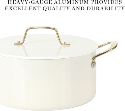 Martha Stewart Galway Premium Nonstick PFA Free Ceramic Interior 10 Piece Heavy Gauge Enamel Aluminum Pots and Pans Cookware Set W/Aluminum Lids - Linen White W/Gold Handle