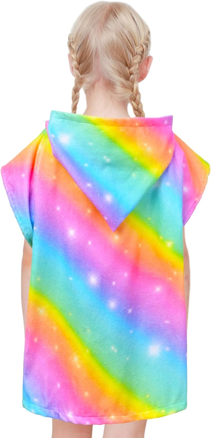 Kids Hooded Towels for Girls, Unicorn Hooded Beach Towel for Kids, Soft & Absorbent Cotton Kids Poncho Towels for 3-8 Years, 24"x24"(Rainbow Unicorn)