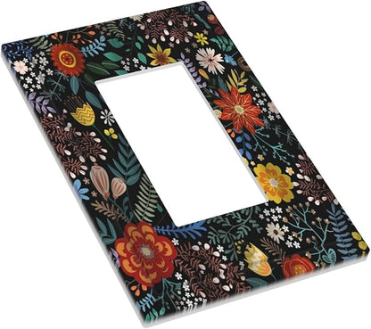 Colorful Flower Boho Floral Rustic Dark Leaves 1 Gang Rocker Light Switch Covers Single Decora Outlet Wall Plate Decorative Switchplate Faceplate GFCI for Farmhouse Country Bedroom Kitchen Decor