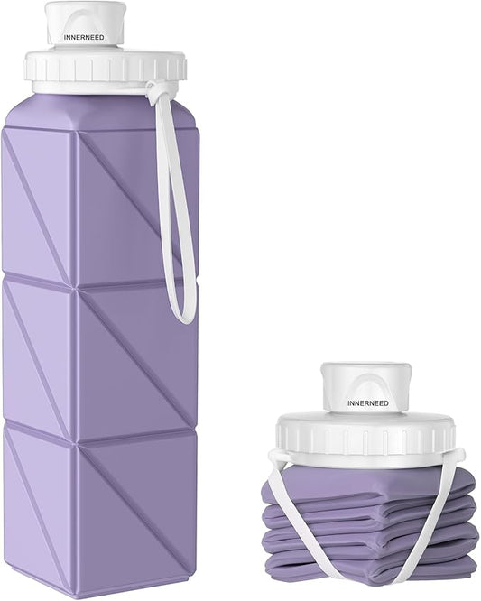 INNERNEED Collapsible Water Bottle, Reuseable BPA Free Silicone Foldable Water Bottles for Travel Gym Camping Hiking, 20.6 fl.oz, Portable, Food-Grade, Leak Proof (1 Pack, Purple)