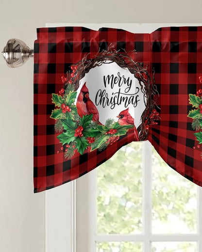Merry Christmas Blackout Tie Up Valance Curtains for Kitchen Windows Winter Cardinal Holly Berries Window Toppers Balloon Shades for Living Room/Bathroom/Bedroom,1 Panel,60" X 18" Red Black Plaid
