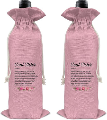 HOIJAUMAI Soul Sister Gift Friendship Gift Soul Sister Definition Wine Bag Soul Sister Wine Gift Bags for Women Best Friends Bestie BFF (Pink)