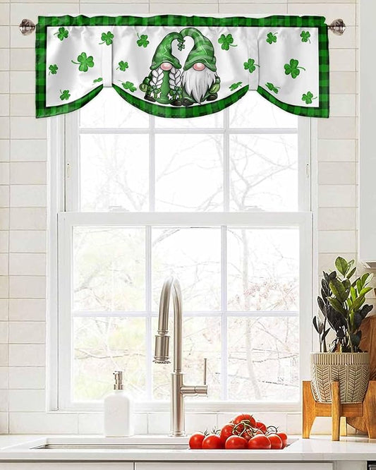 Gnome St. Patrick's Day Blackout Tie Up Valance Curtains for Kitchen Windows Buffalo Plaid Shamrock Window Toppers Balloon Shades for Living Room/Bathroom/Bedroom,1 Panel, 60" X 18", Spring Holiday