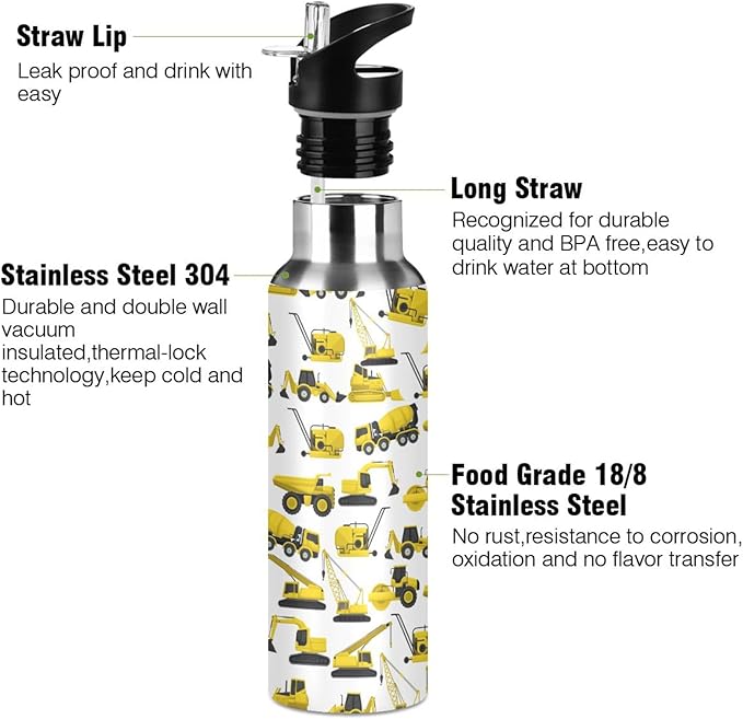 Construction Truck Excavator Bulldozer Stainless Steel Water Bottle with Straw Lid - 20 Oz Sports Insulated Water Bottle Thermos for Sport Gym Outdoor Travel School (DZ005)