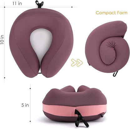 Travel Neck Pillow Premium Memory Foam, Head Chin Support, Adjustable Length for Comfort. Airplane Travel Kit with Contoured Eye Mask, 3-Layer Earplug and Travel Bag (Mulberry Purple)