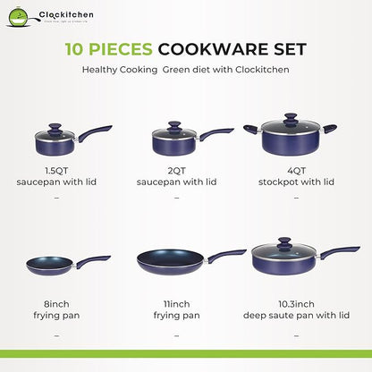 Clockitchen Non Stick Pots and Pan Set, Ceramic Cookware Set with Stay-Cool Handles, 10pcs Blue Induction Cooking Set Suitable for Gas, PFOA Free