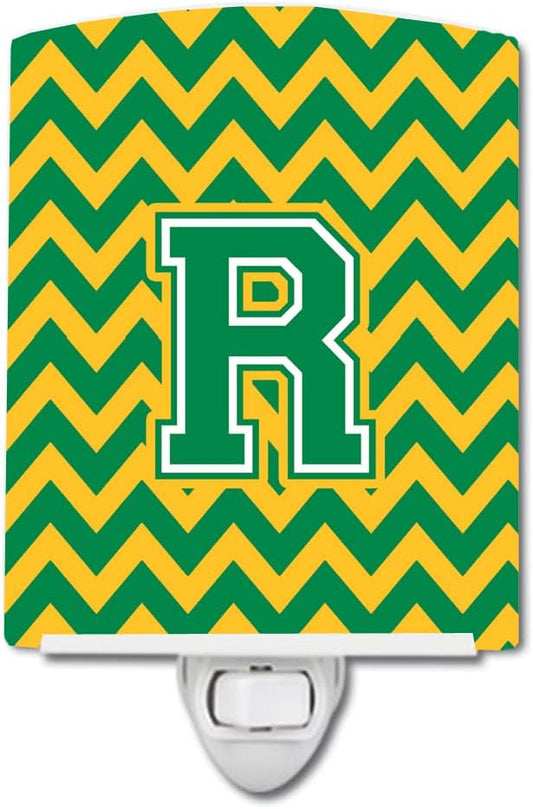 Caroline's Treasures CJ1059-RCNL Letter R Chevron Green and Gold Ceramic Night Light Compact, UL-Certified, Ideal for Bedroom, Bathroom, Nursery, Hallway, Kitchen, 6x4x3, Multicolor