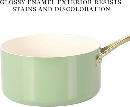 Martha Stewart Galway Premium Nonstick PFA Free Ceramic Interior 10 Piece Heavy Gauge Enamel Aluminum Pots and Pans Cookware Set W/Aluminum Lids - Sage Green W/Gold Handle