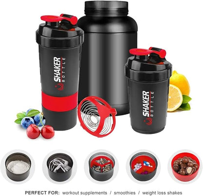 Protein Shaker Bottle,16 oz Shake Cup for protein powder with Storage,Sports Water Bottle,Non Slip 3 Layer Twist Off 3oz Cups with Pill Tray Leak Proof Shake Bottles for Protein Mixes