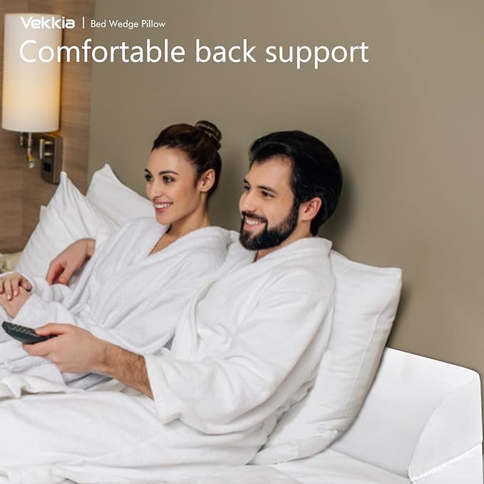 Vekkia Queen Bed Wedge Pillow for Headboard/Wedge Pillow Headboard/Bed Gap Filler/Headboard Pillow,Pillow Wedge for Headboard Gap,Stop Loosing Your Pillows,Phone&Glasses(White 60"x6.5"x4.5")