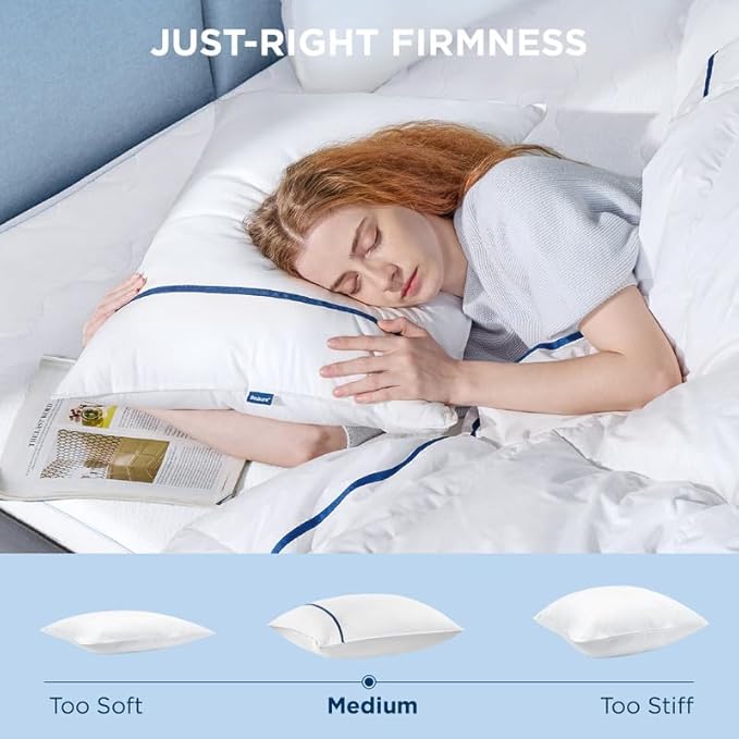Bedsure Hotel Pillows - Luxury Bed Pillows for Sleeping with Decoration Strip Breathable Cover Soft & Supportive Pillows for Side, Back or Stomach Sleepers (4, Blue, Queen)