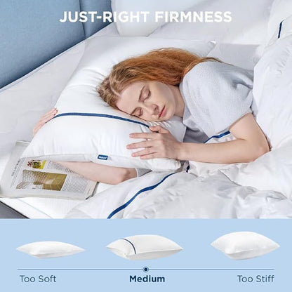 Bedsure Hotel Pillows - Luxury Bed Pillows for Sleeping with Decoration Strip Breathable Cover Soft & Supportive Pillows for Side, Back or Stomach Sleepers (4, Blue, Queen)