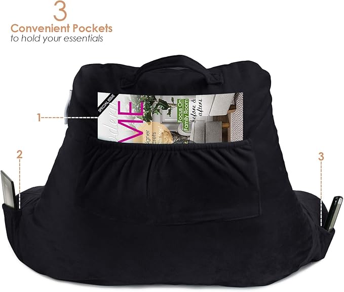 Nestl Reading Pillow for Kids, Small Bed Pillow, Back Pillow for Sitting in Bed, Memory Foam Chair Pillow, Reading & Bed Rest Pillows, Black Back Pillow for Bed, Arm Pillow with Pockets