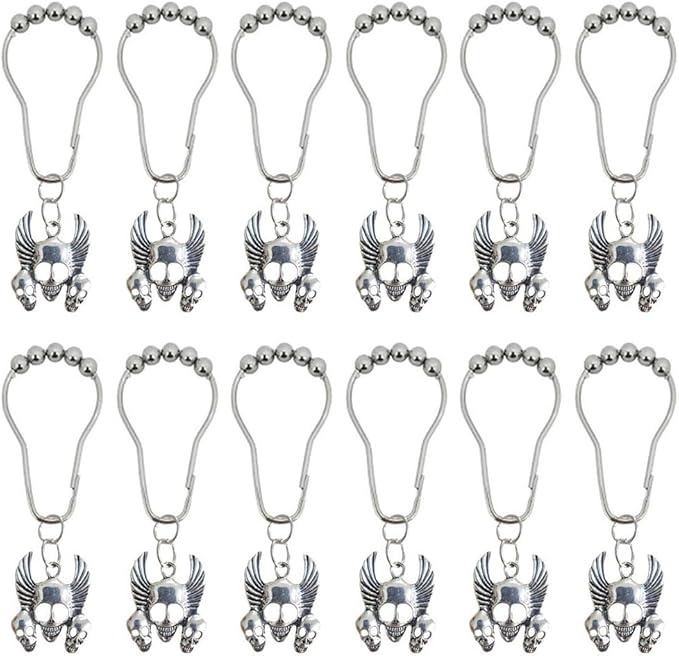 Gothic Shower Curtain Hooks Rings - Skull Decorative Shower Curtain Hooks - Rustproof Stainless Steel Shower Hooks with Halloween Gothic Bathroom Decor Set of 12