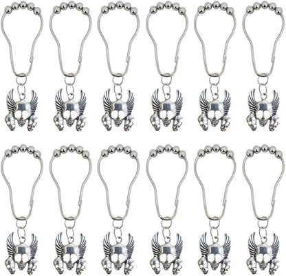 Gothic Shower Curtain Hooks Rings - Skull Decorative Shower Curtain Hooks - Rustproof Stainless Steel Shower Hooks with Halloween Gothic Bathroom Decor Set of 12
