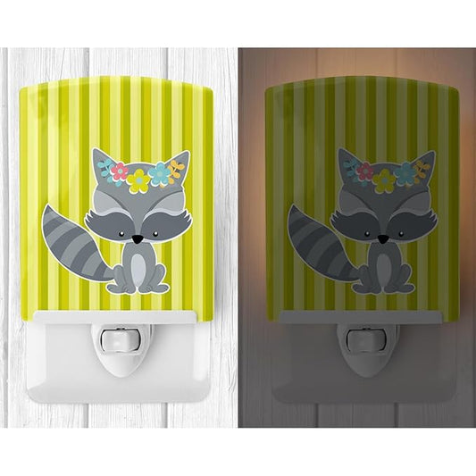 Caroline's Treasures BB7095CNL Raccoon with Flowers Ceramic Night Light Compact, UL-Certified, Ideal for Bedroom, Bathroom, Nursery, Hallway, Kitchen, 6x4x3, Multicolor