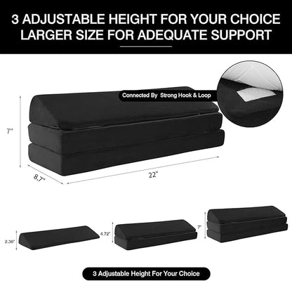 BALAPET 3-in-1 Adjustable Height Wedge Pillow, 7" Height Leg Knee Pillow for Side Sleepers & Aligns Spine, Supportive Bolster Pillow for Pregnancy Relieves Pressure Hip Leg Elevation, 22", Black
