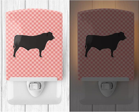 Caroline's Treasures BB7828CNL Black Angus Cow Pink Check Ceramic Night Light Compact, UL-Certified, Ideal for Bedroom, Bathroom, Nursery, Hallway, Kitchen, 6x4x3, Multicolor