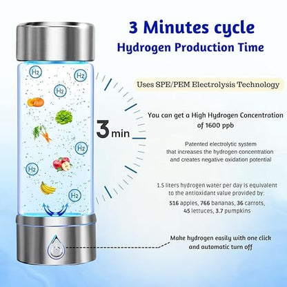 Hydrogen Water Bottle - Ionized Water Machine - Portable, Rechargeable, 450 ml with SPE/PEM Technology - Hydrogen Rich Water, 1600 PPB in 3 Minutes of Quick Electrolysis