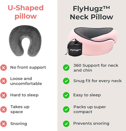 FlyHugz™ Neck Travel Pillow | Memory Foam Neck Pillow for Comfort on Airplane | Compact and Ergonomic Design for Travel, Car Rides, and Home Use | Ideal for Adults and Kids (Pink)