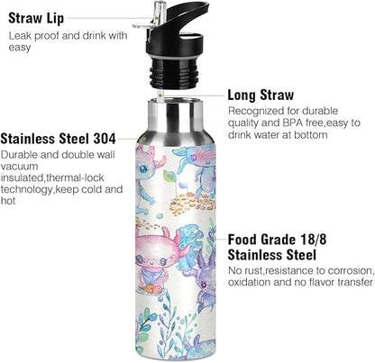 Axolotl Sports Water Bottle, Double Wall Vacuum Insulated Stainless Steel Water Bottle with Straw Keeps Hot and Cold, Bike Running Sports Travel Gym 20oz