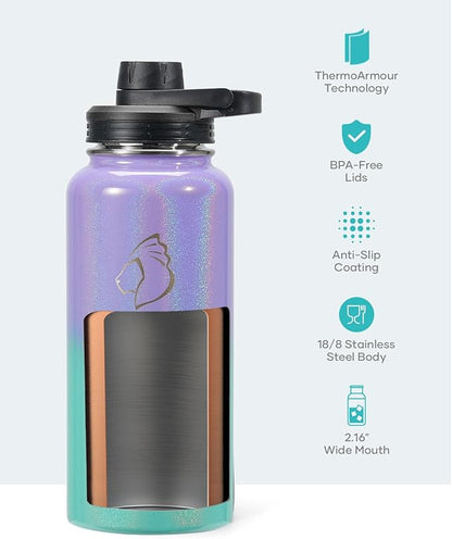 BUZIO Water Bottle with Straw lid, Spout Lid, Hand Lid and Carrying Pouch, 32oz 40oz 64oz Stainless Steel Water Flask Jug, Cold for 48 Hrs Hot for 24 Hrs Double Vacuum Thermo Canteen Mug, BPA-Free