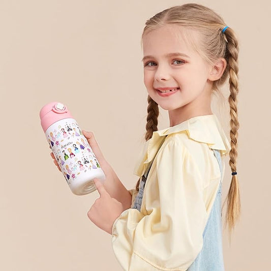 Kids Insulated Water Bottle with Covered Pop-Up Straw,16oz Kids Cups with Stainless Steel Leak Proof for School Boys Girls（2-Princess）