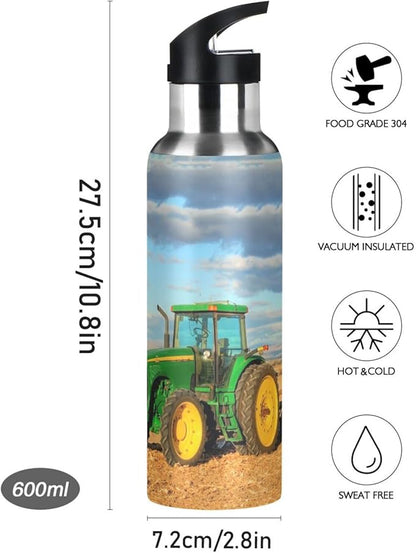 Tractor Stainless Steel Water Bottle with Straw Lid - 20 Oz Sports Insulated Water Bottle Thermos for Sport Gym Outdoor Travel School