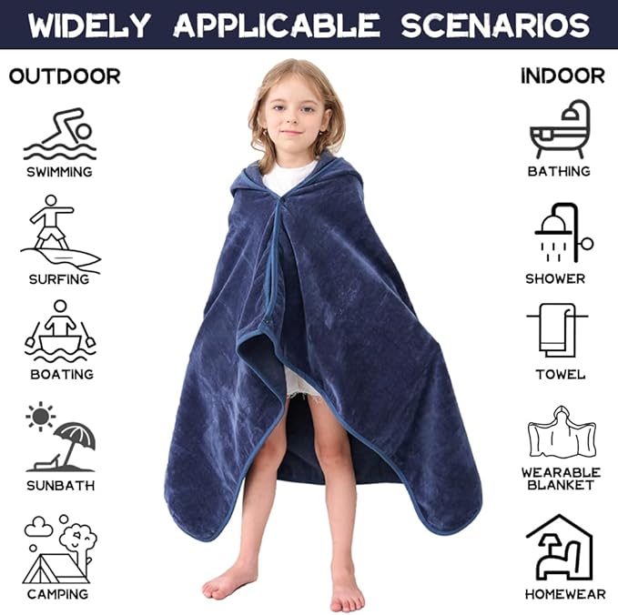 Hiturbo Kids Hooded Bath Towel: 100% Cotton Soft Thick Absorbent Towels Wrap - 50"x30" Shower Beach Pool Wearable Blanket for 3-12 Yrs Boys Girls - Navy Blue
