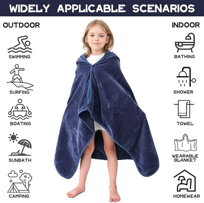 Hiturbo Kids Hooded Bath Towel: 100% Cotton Soft Thick Absorbent Towels Wrap - 50"x30" Shower Beach Pool Wearable Blanket for 3-12 Yrs Boys Girls - Navy Blue