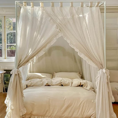 Elegant Modern Linen Princess 4 Corner Post Mosquito Net Romantic for Girls Women Bed Curtain Canopy for Adult Wedding Bedroom Kids Rooms Decoration (White-Beige, California King)