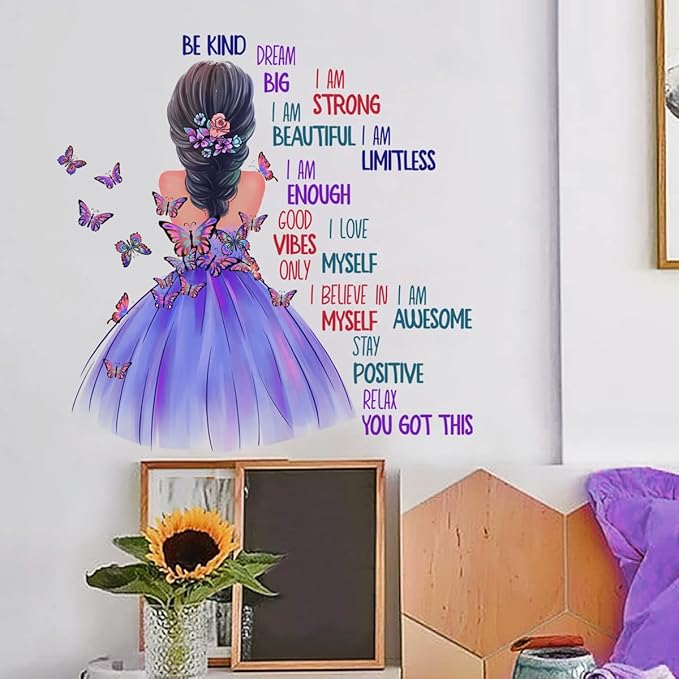 Butterfly Girl Inspirational Wall Stickers, Motivational Lettering Quotes Butterfly Wall Decals Removable Vinyl Peel and Stick for Woman Kids Baby Nursery Bedroom Toddler Room Art Decoration