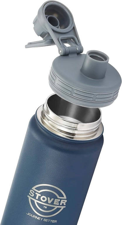 STOVER 25oz Insulated Water Bottle, Wide Mouth Double-Walled Stainless Steel- Vacuum Sealed, Leakproof, Durable, Slim Design Fits in Cup Holder- Flip Top Lid/Spout for Travel- Women/Men (Navy Blue)