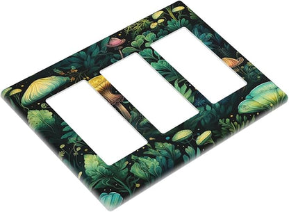 Green Dark Forest Mystical Mushroom 3 Gang Rocker Light Switch Covers Triple Outlet Wall Plate Decorative Switchplate Cover Faceplate GFCI for Country Bathroom Bedroom Kitchen Decor