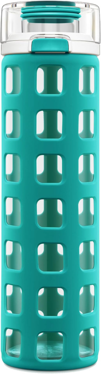 Ello Syndicate Glass Water Bottle with One-Touch Flip Lid and Protective Silicone Sleeve and Carry Loop, BPA Free, Dishwasher Safe,20oz