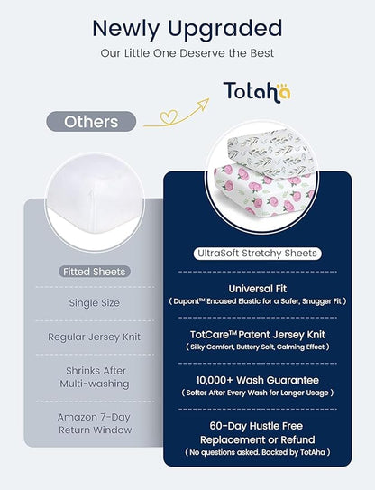 TotAha Crib Sheets for Boys Girls, Premium Soft Crib Mattress Fitted Sheet, Super Stretchy Jersey Knit Baby Sheets, Silky Comfort Baby Bed Sheets 28x52x9 Extra Deep Pocket, 2 Pack (Happy Zoo & Jungle)
