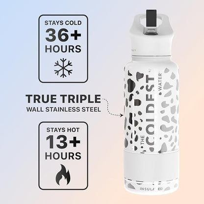 Coldest Sports Water Bottle - (Straw Lid), Leak Proof, Vacuum Insulated Stainless Steel, Hot Cold, Double Walled, Thermo Mug, Metal Canteen (32 oz, Silver Leopard)