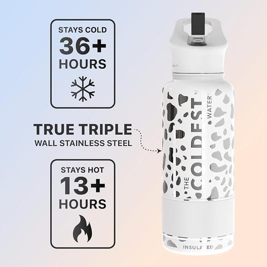 Coldest Sports Water Bottle - (Straw Lid), Leak Proof, Vacuum Insulated Stainless Steel, Hot Cold, Double Walled, Thermo Mug, Metal Canteen (32 oz, Silver Leopard)