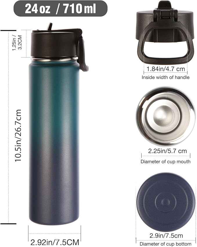 Volhoply 24oz Insulated Water Bottle With Straw Bulk 6 Pack,Metal Wide Mouth Water Bottles With Handle Keep Cold,Reusable Double Wall Thermos,Powder Coated Sport Bottle For Holder(Dark Night,6 Count)