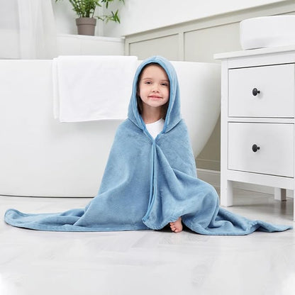Hiturbo 2Pcs Kids Fleece Hooded Towel: Soft Plush Warm Blanket - 50"x30" Pool Beach Bath Swim Towel Wrap for 3-12 Yrs (Blue)