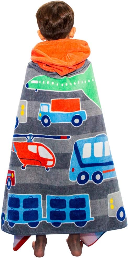 Wowelife Hooded Bath Towels Helicopter, 100% Cotton Kids Bath Towel for Boys Airplane,Truck and Taxi, Ultra Soft and Super Absorbent 30 x 60 Inch(Included Hooded)(Grey Vehicle)