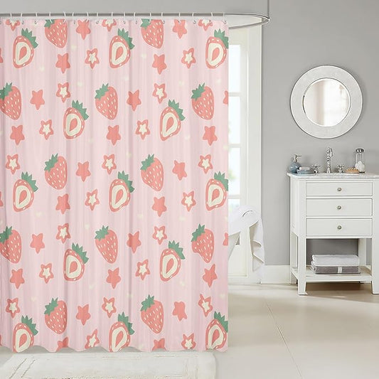 Feelyou Pink Strawberry Fabric Shower Curtain Kawaii Fruit Shower Curtain for Kids Boys Girls Cute Stars Strawberry Bathroom Waterproof Accessories with 12 Hooks Kawaii Lovely Curtains,72x78 Inches