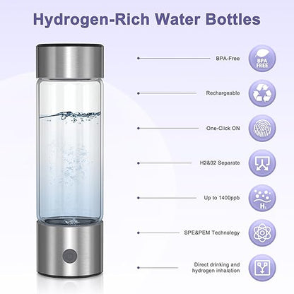 Hydrogen Water Bottle, 420ML Portable Rechargeable Hydrogen Water Ionizer, 3 Minute Rapid Electrolysis, Advanced SPE/PEM Technology, for Home, Office, Travel, Fitness, Drinking