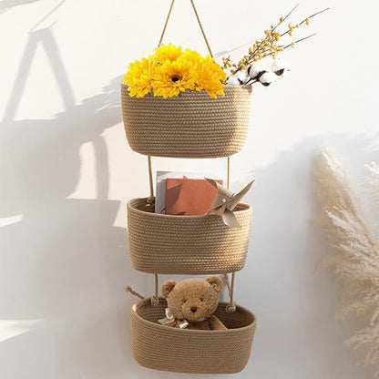 TeoKJ Over the Door Hanging Basket, 3-Tier Woven Cotton Wall-Mounted Storage Organizer with Self Adhesive Dessert Stick Decorative Hanging Nursery Baskets - Jute
