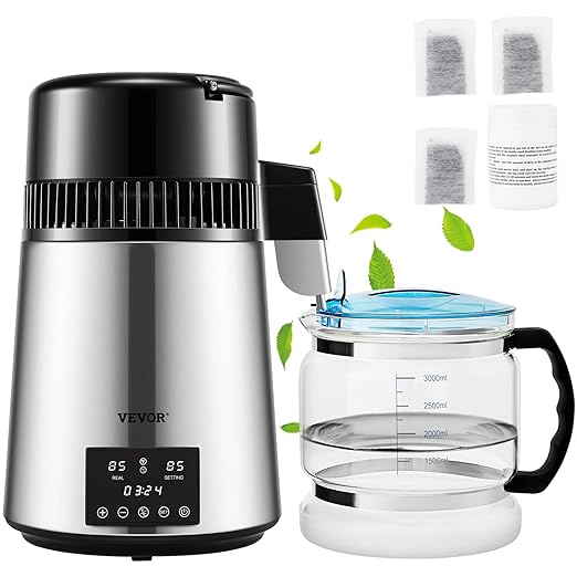 VEVOR Water Distiller, 304 Stainless Steel Countertop Water Stiller, 0.3Gal/H, 0-99H Timing Dual Temp Display, 1.1Gal Distilled Water Maker Machine, Glass Carafe, 3 Carbon Bags, Citric Acid Powder