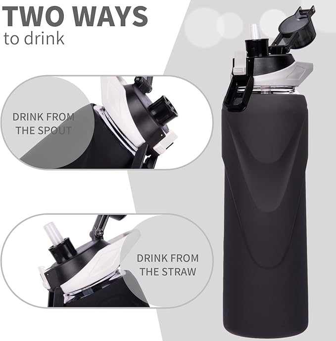 32 oz Sports Glass Water Bottle with Straw & Silicone Sleeve Reusable BPA-free Borosilicate Glass Drinking Bottle with Flip Top Lid & Handle Wide Mouth (Deep Black)