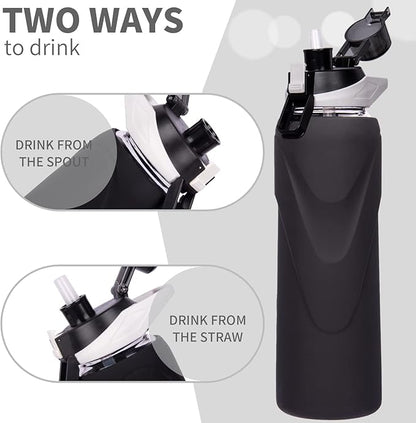 32 oz Sports Glass Water Bottle with Straw & Silicone Sleeve Reusable BPA-free Borosilicate Glass Drinking Bottle with Flip Top Lid & Handle Wide Mouth (Deep Black)