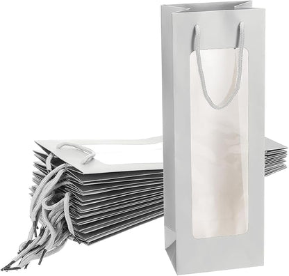 uxcell Wine Bags, 12pcs 4.92"x3.35"x14.2" Wine Gift Bags with Rope Handles, Paper Wine Tote Bag with Clear Window for Wedding Birthday Christmas Party Supplies, Silver