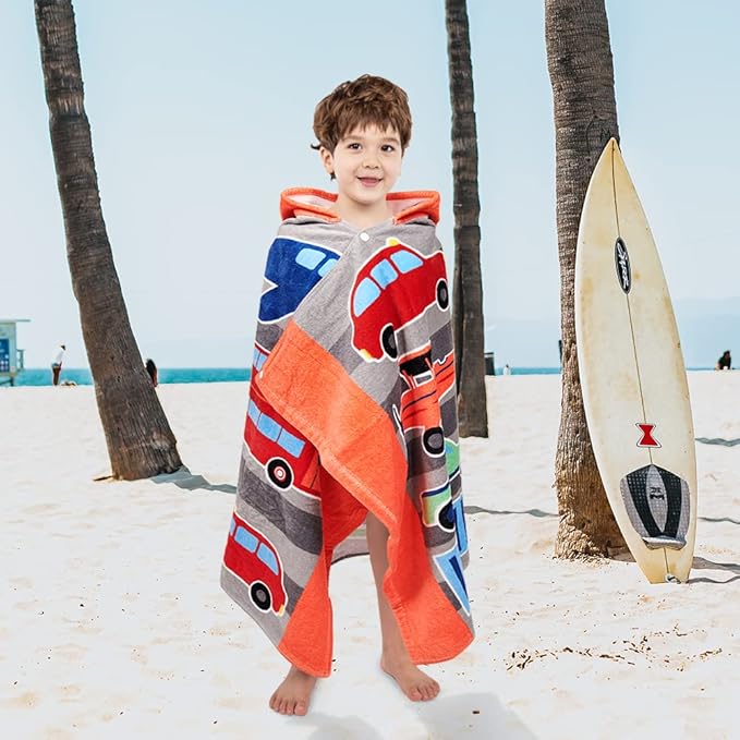 Kids Hooded Bath Beach Towel Girls Boys, Super Absorbent & Soft Towel Poncho for Shower/Beach/Pool Child Cover ups 50"x30" Large Towel Wrap (Car Pattern)