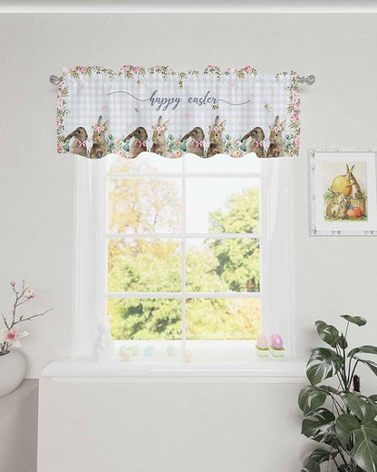 Rabbits Flowers Easter Kitchen Curtains Valances for Windows Eucalyptus Leaf Spring Summer Rod Pocket Window Treatment for Kitchen /Living Room/Bedroom/ Bathroom, 60" X 18", Grey White Buffalo Plaid
